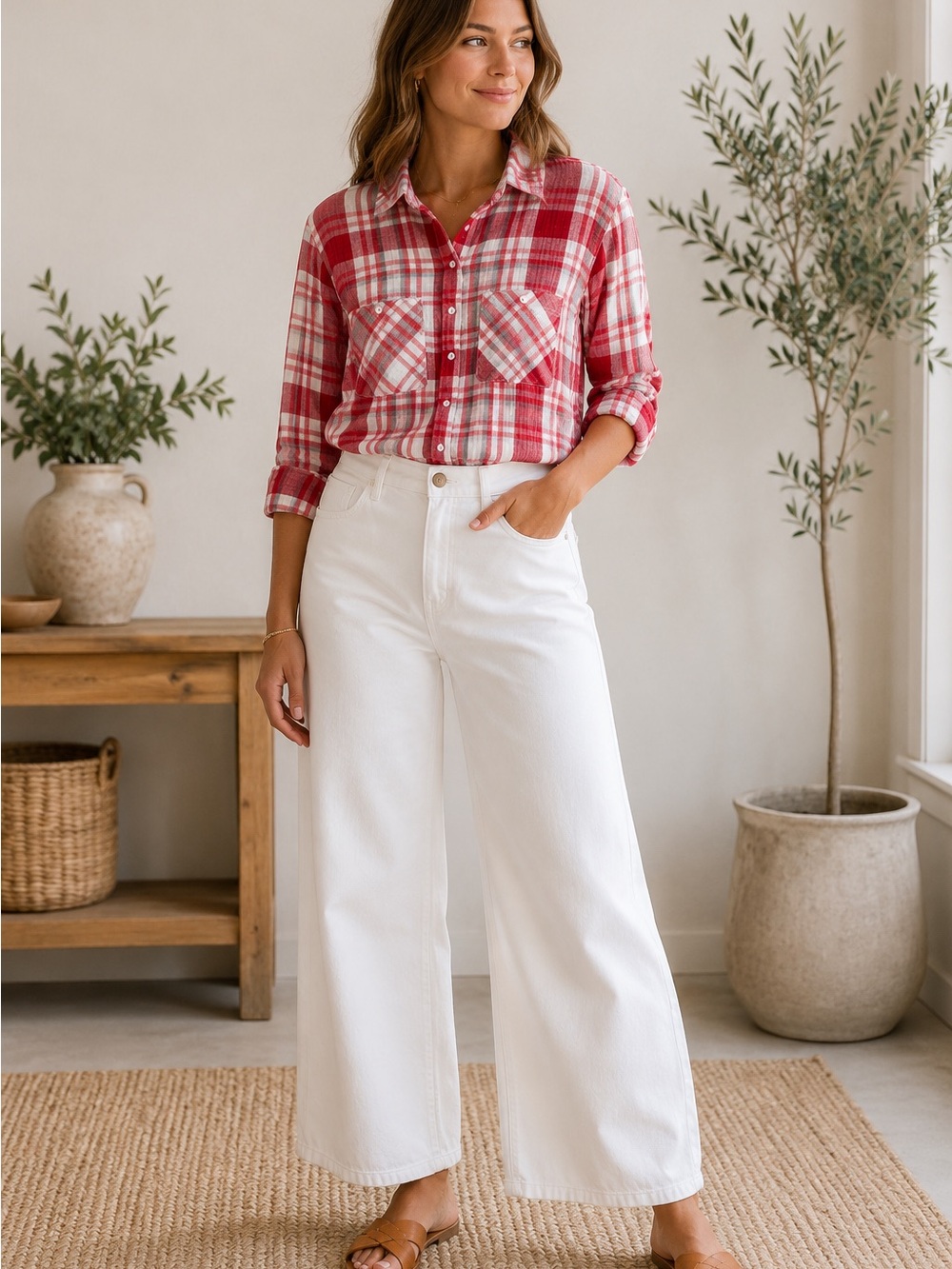 Sanctuary Tomboy Red/White/Teal Cotton Gauze Small Plaid Button-Up